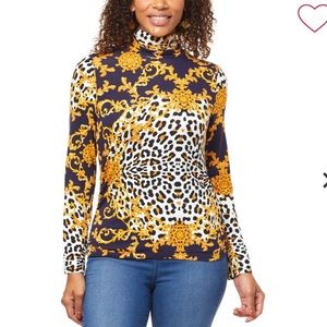 Iman Global Chick turtleneck NWT black/brown cheetah, navy & gold print